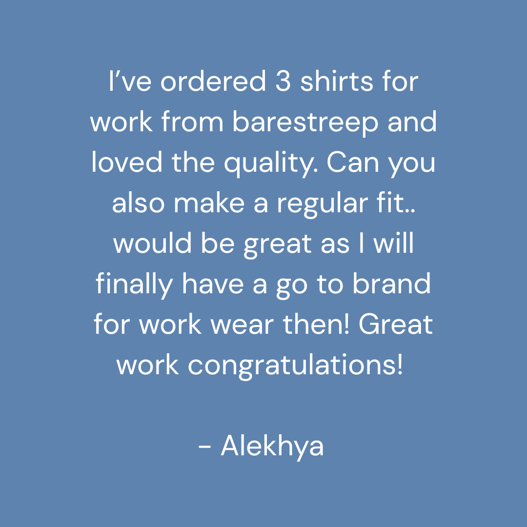 A blue square graphic with centered white text reading a customer review signed by Alekha.