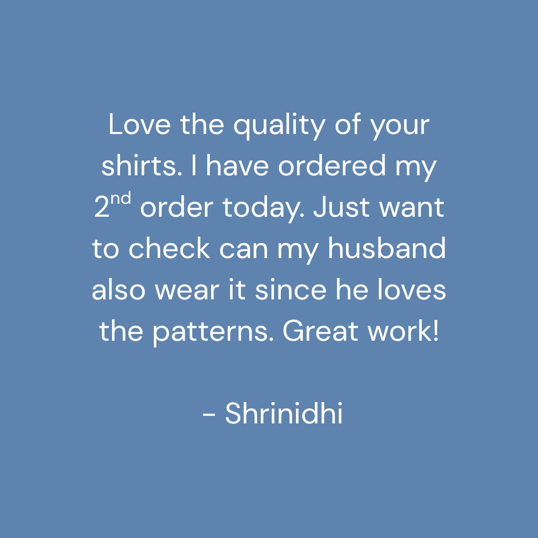 A blue square graphic with centered white text reading a customer message from Shrinidhi about ordering shirts and checking if the husband can wear them.