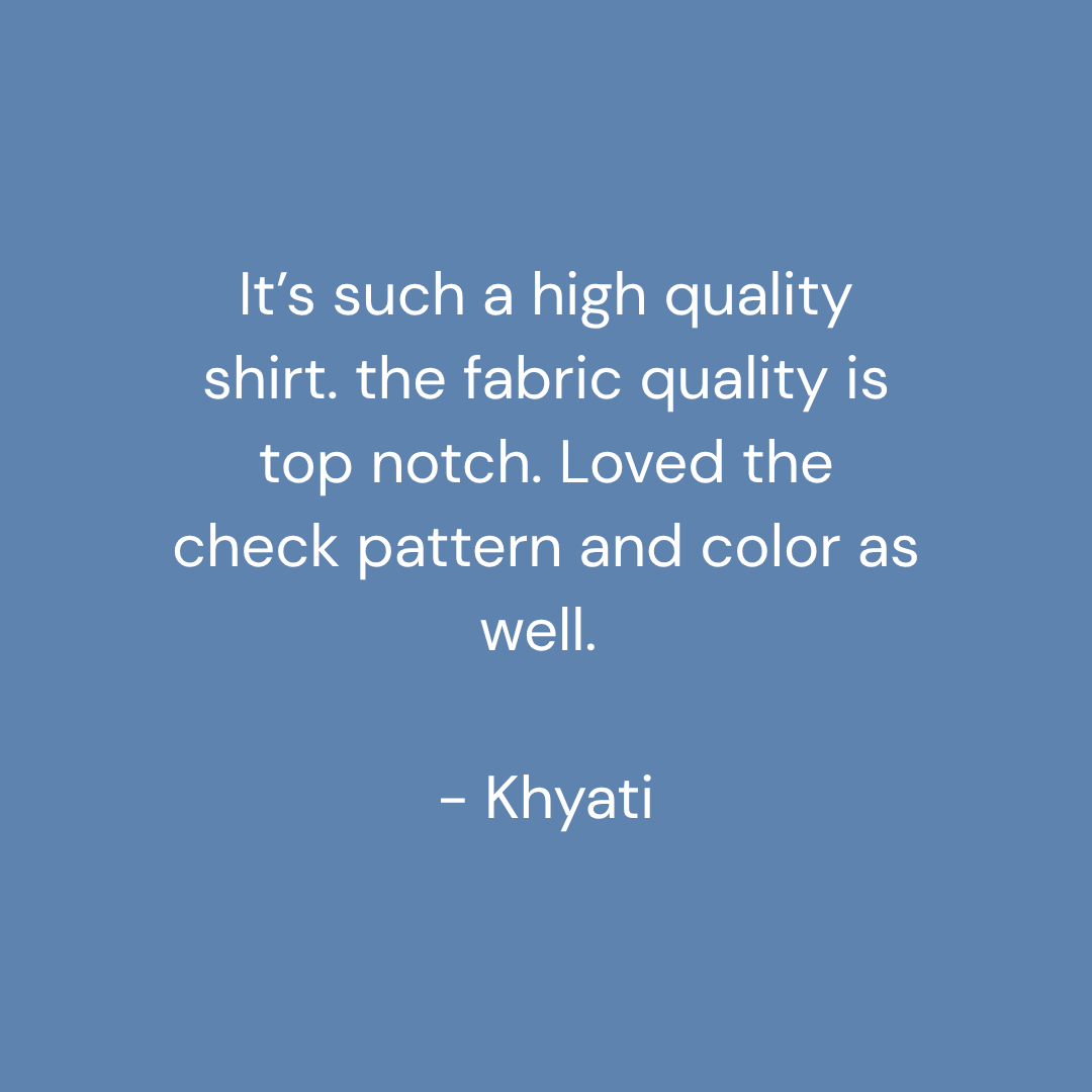 A blue graphic with white text reading, 'It's such a high quality shirt. the fabric quality is top notch.