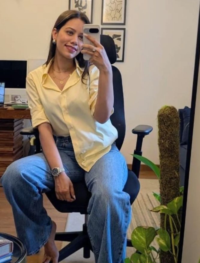 Ragini wearing the Morning Yellow shirt